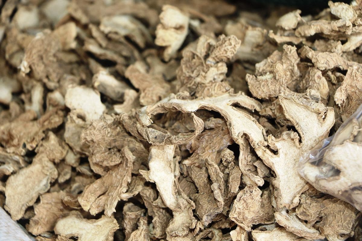A heap of dried split ginger from Nigeria.