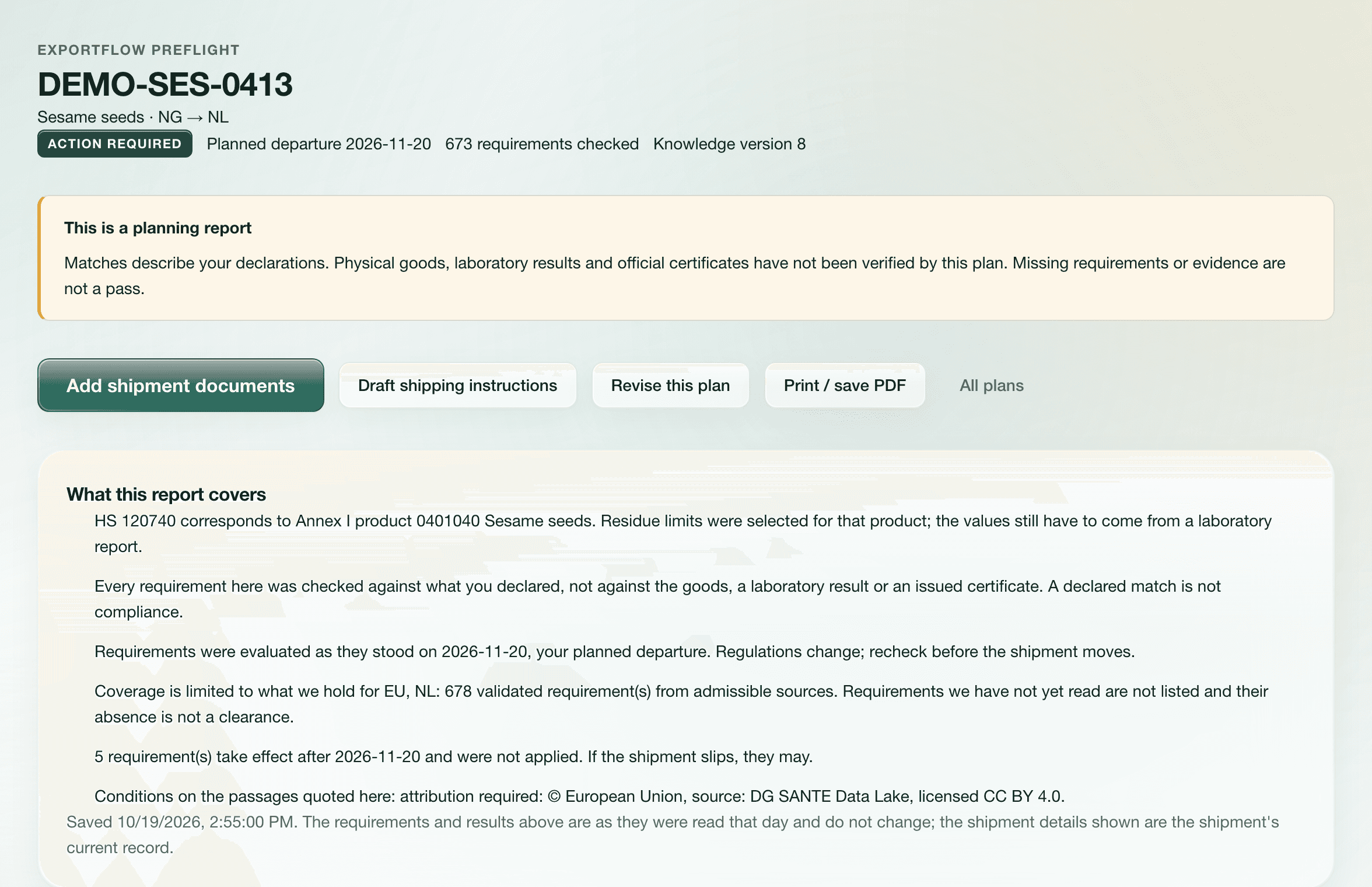 The Preflight readiness report for a sesame shipment from Nigeria to the Netherlands: Action required, 673 requirements checked, with a statement of what the report covers.